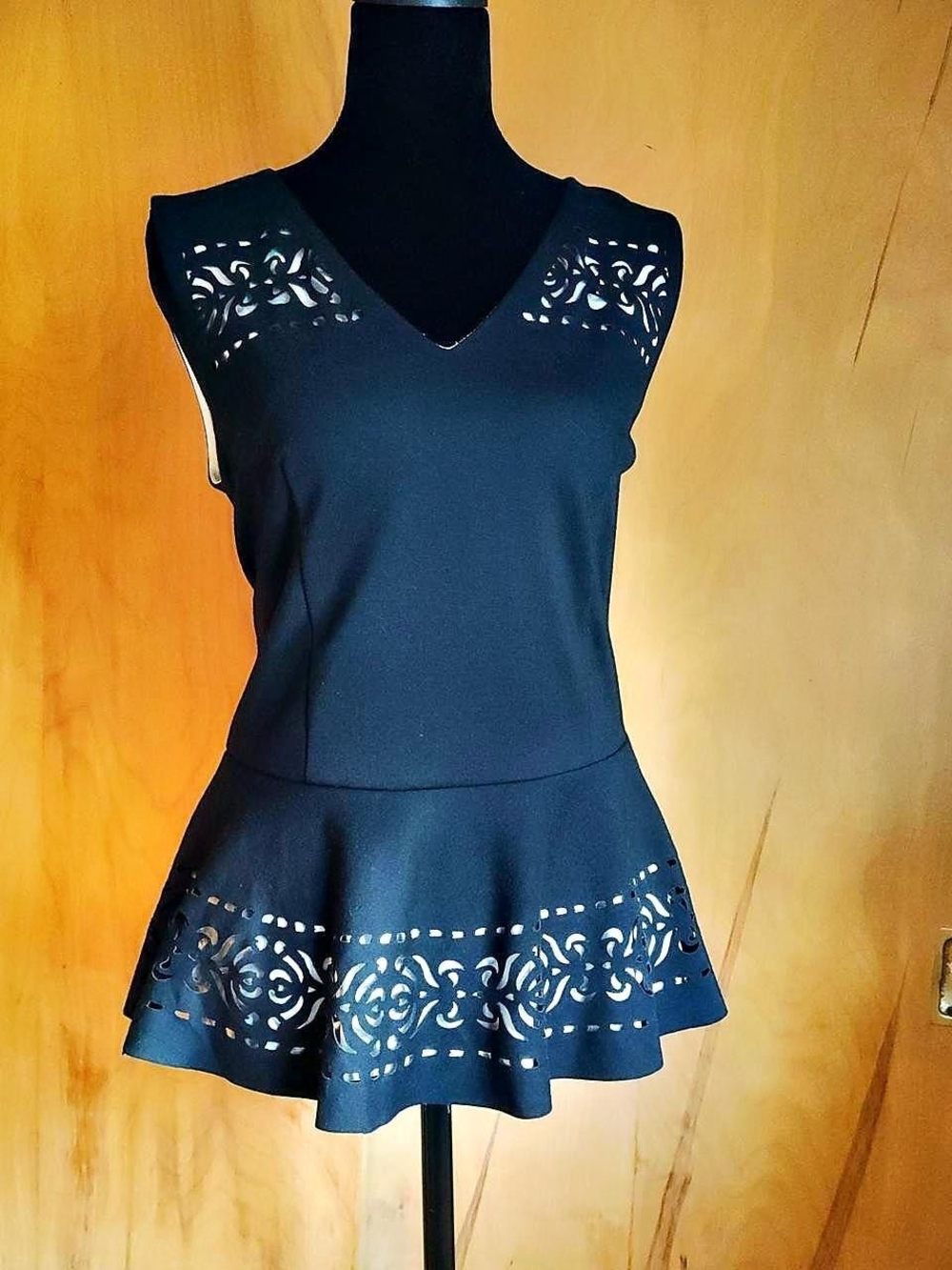 Cache Black Laser-Cut Peplum Tank Top